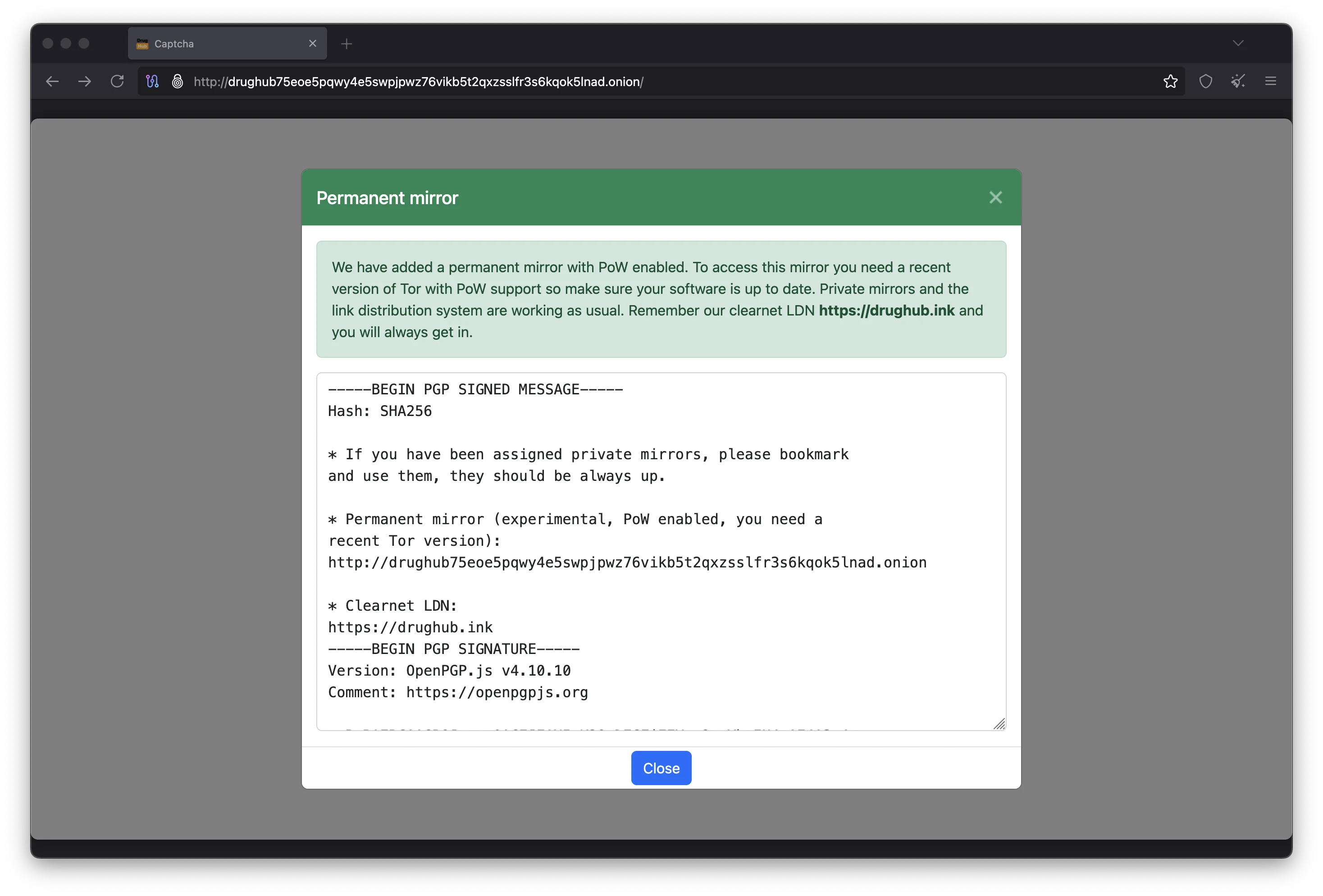 DrugHub marketplace interface showing secure Tor Browser connection to the official market URL