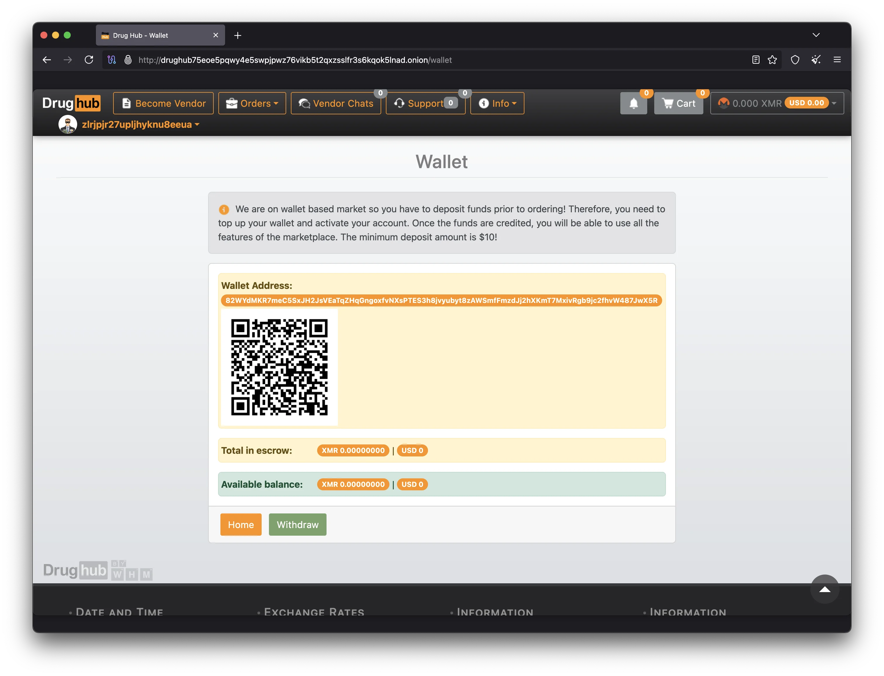 DrugHub official Monero payment interface with XMR wallet integration and ring signature privacy features